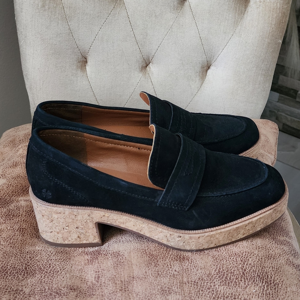 Lucky Brand Black Suede Cork Platform Loafers